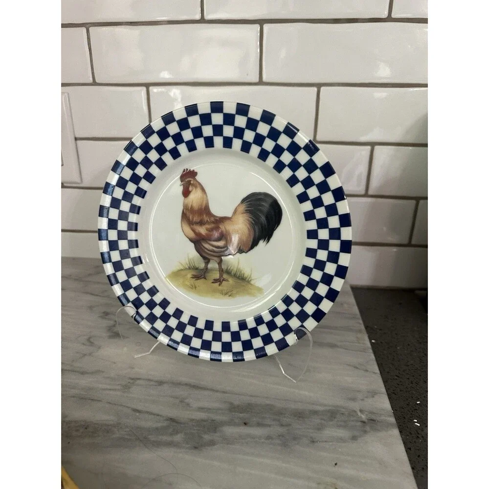 Williams Sonoma ROOSTER Blue White Check Checker Golden Brown 8.25